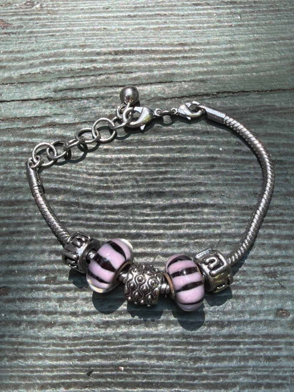 Silver Tone European Style Charm Bracelet Pink Black Glass Beads Snake Chain Adj